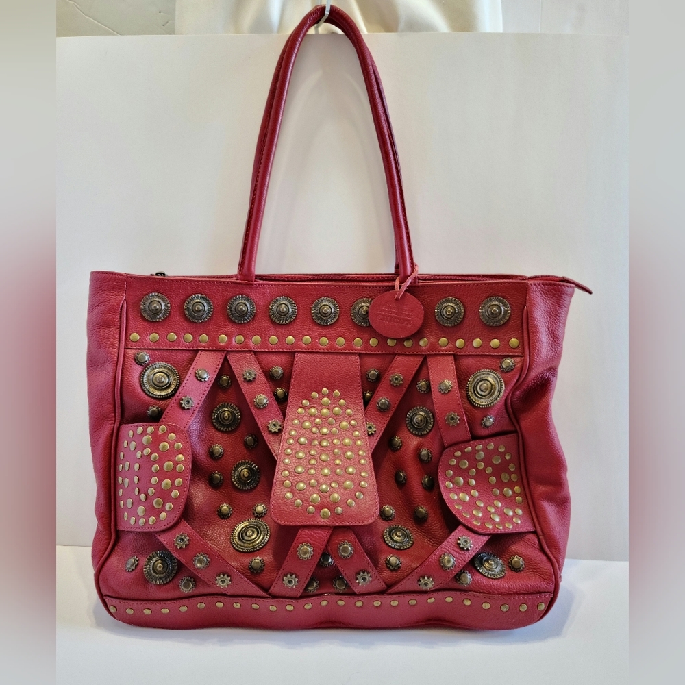 Womens Bag Handbag Leather Purse Shoulder Tote Red With Brass Brown Accents